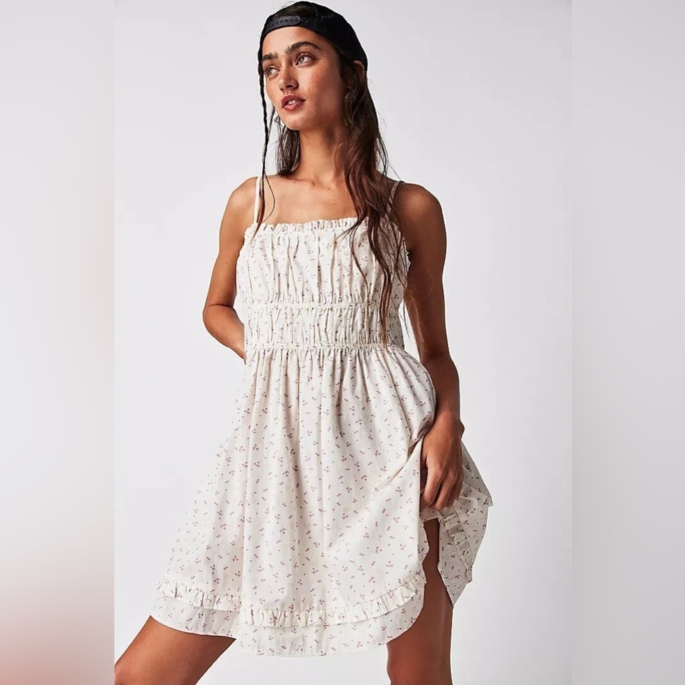 Free People Women's Small Gabby Cotton Mini Dress Sundress White Mini Cherry All - Picture 14 of 16